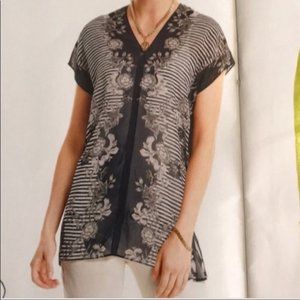 CAbi XS Yacht Floral Tunic Striped Floral Navy Blue Top Blouse Shirt